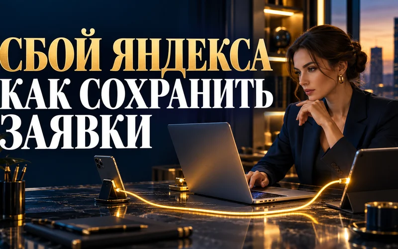 Предприниматель за ноутбуком и резервные устройства связи на тёмно-синем фоне с золотыми акцентами
