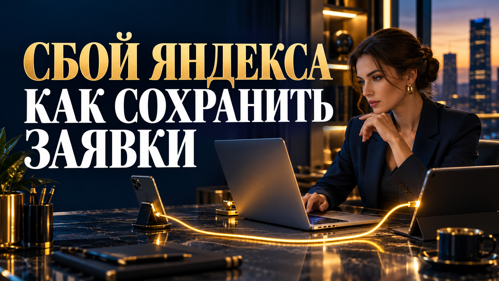 Предприниматель за ноутбуком и резервные устройства связи на тёмно-синем фоне с золотыми акцентами