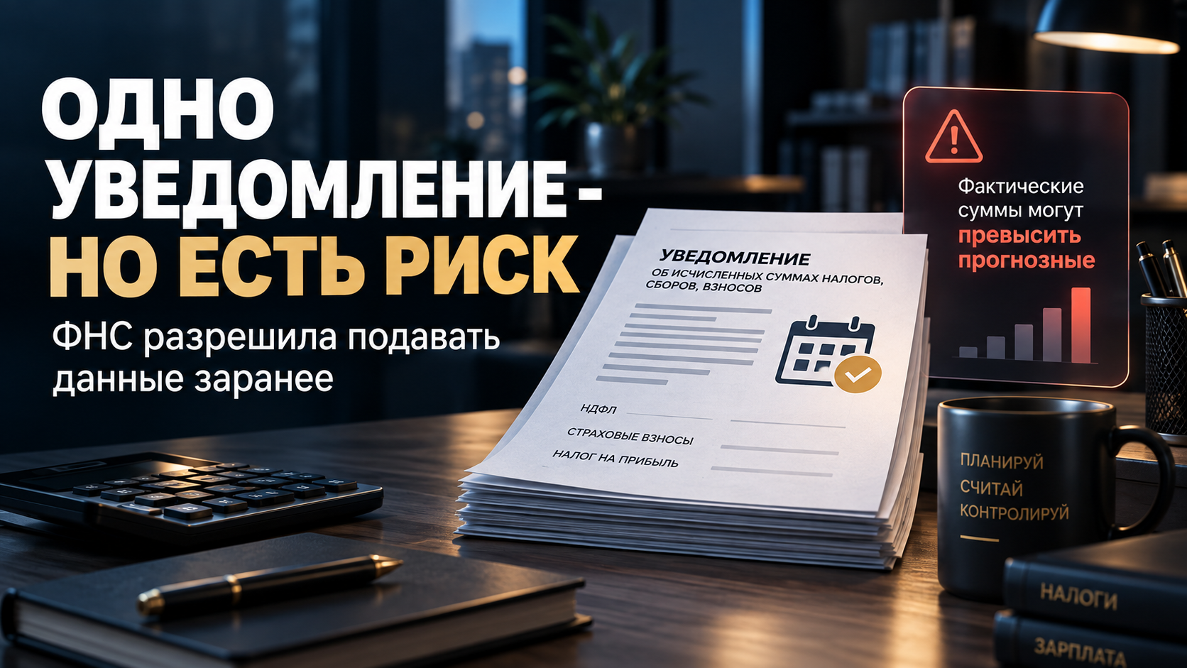 Стопка налоговых уведомлений и предупреждение о риске превышения прогнозной суммы