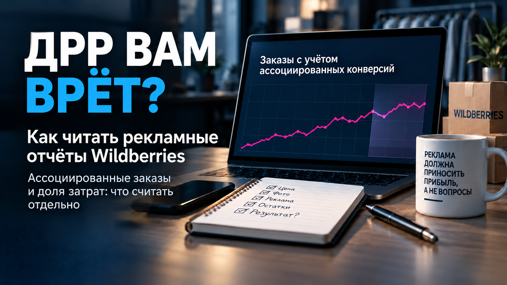 Рекламный отчёт Wildberries с графиком заказов и подписью об ассоциированных конверсиях